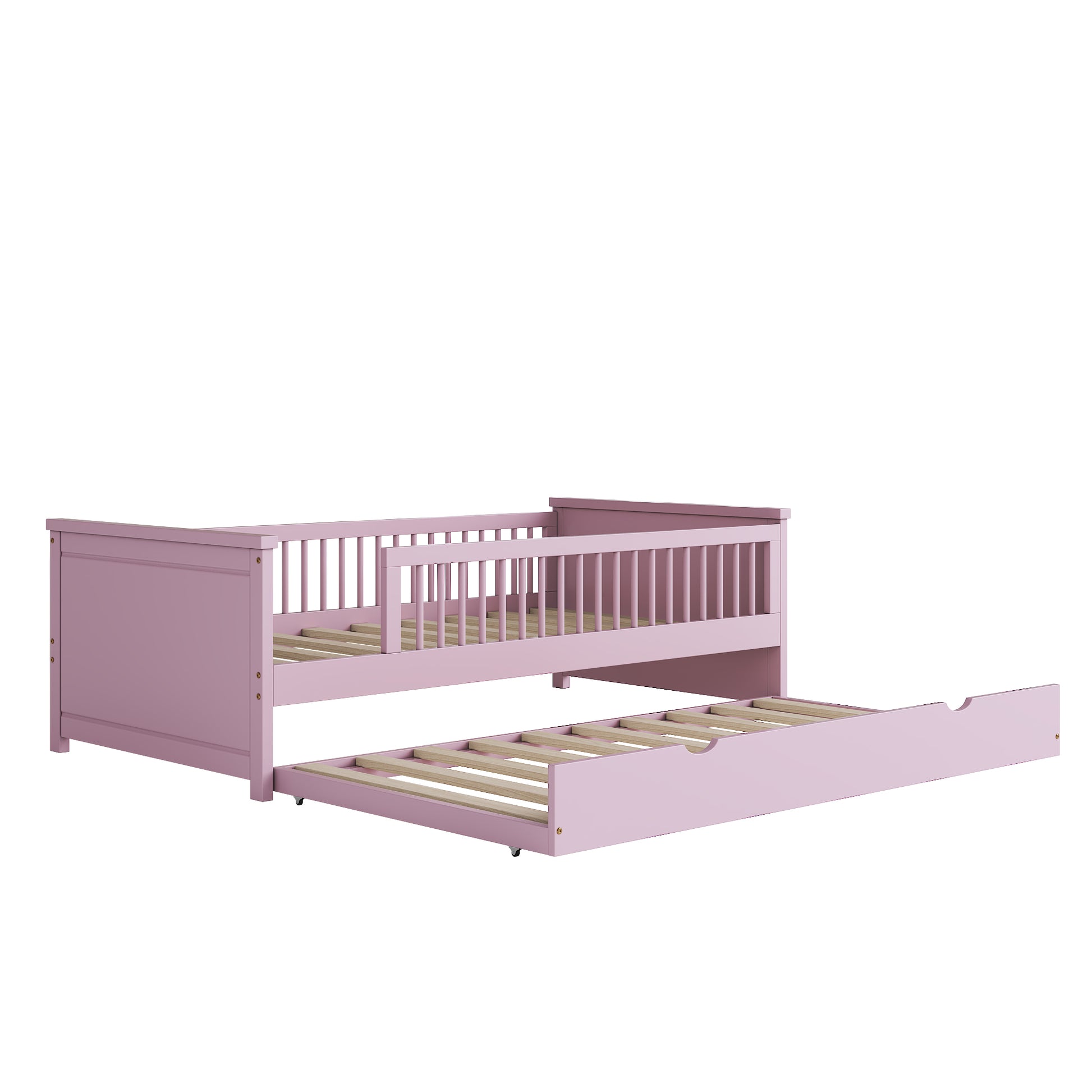 Wood Twin Size Platform Bed With Guardrail And Trundle, Pink Box Spring Not Required Twin Pink Wood Bed Frame Solid Wood Mdf