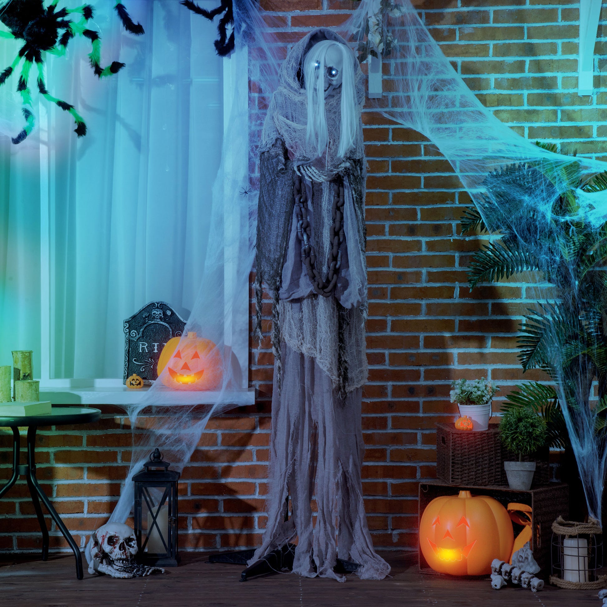 Outsunny 74" Life Size Outdoor Halloween Decorations Skeleton Witch, Sound And Motion Activated Animated Prop Animatronic D Cor With Light Up Eyes, Spooky Sound Multicolor Polyester