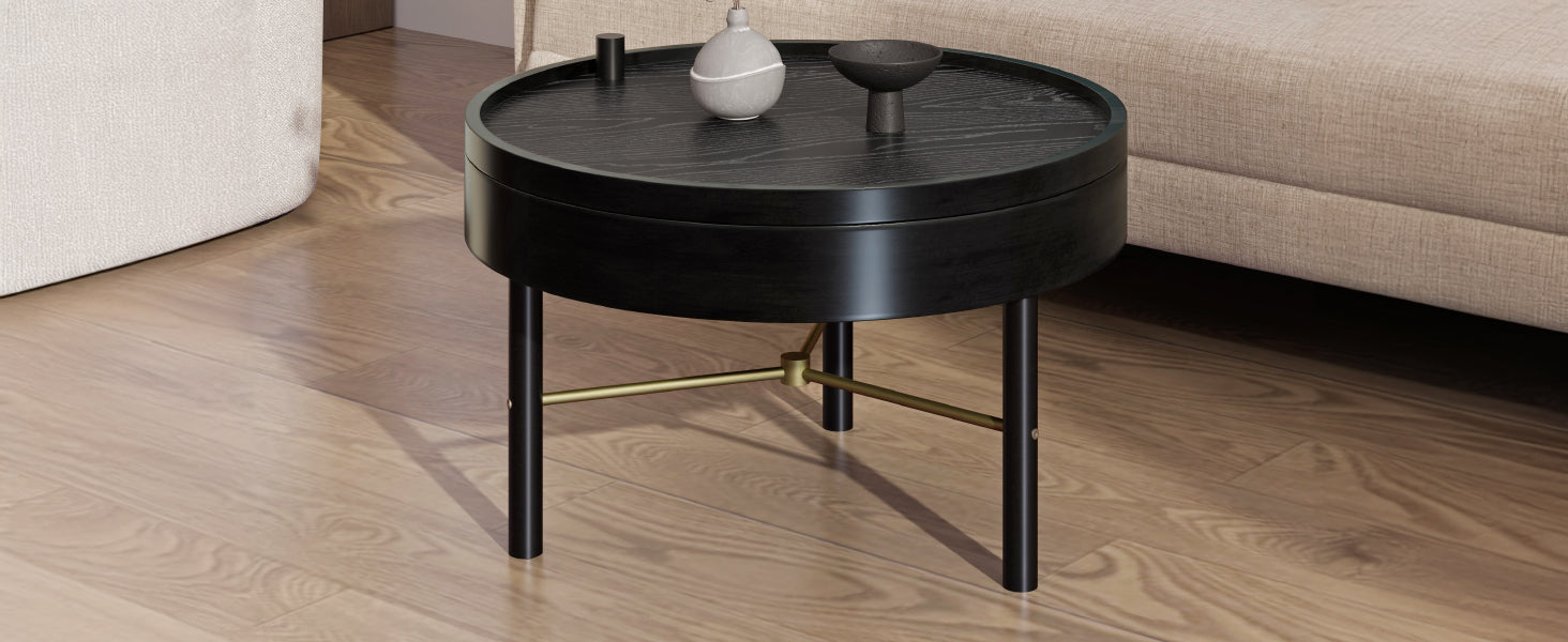 Modern Round Wood Rotating Tray Coffee Table With Storage & Metal Legs In Black Black Metal,Rubber Wood