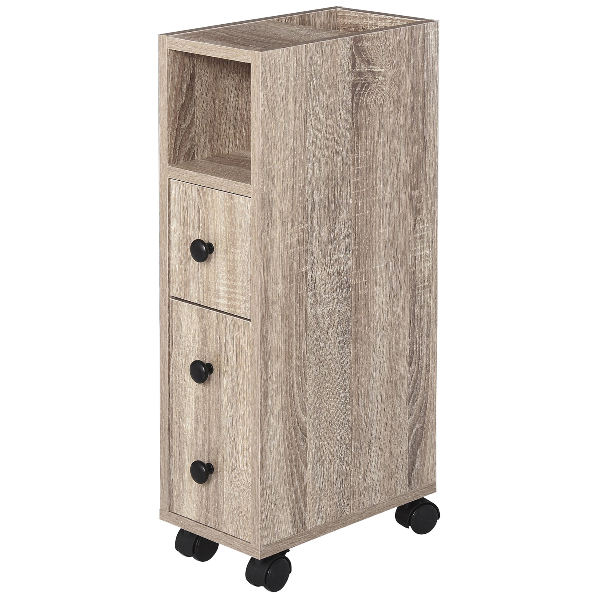 Kleankin Freestanding Compact Design Bathroom Cabinet With 2 Open Cabinets, 1 Door Cabinet, 1 Drawer And 4 Rolling Wheels, Oak Grain Color Oak Particle Board