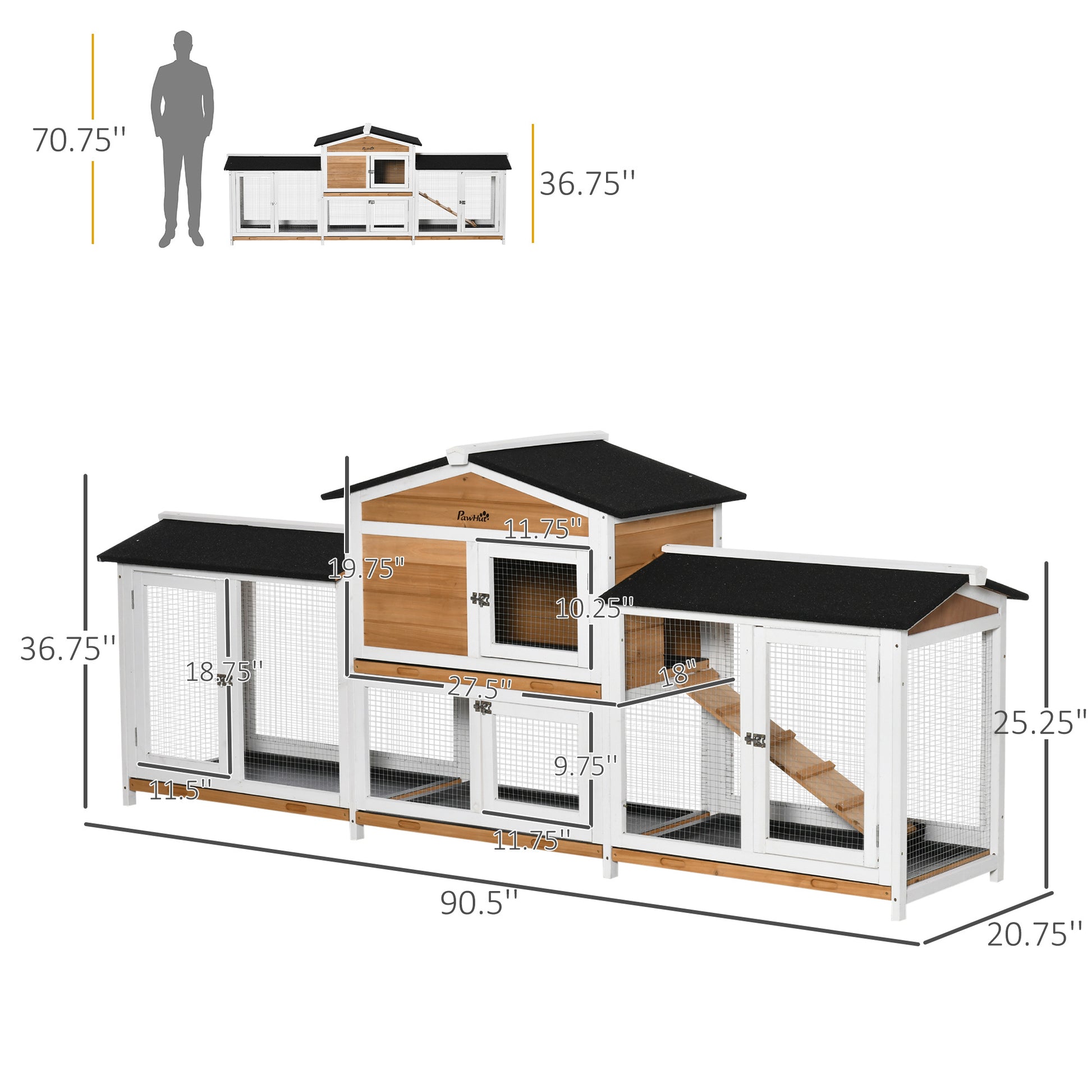 Pawhut 90.5" Wooden Rabbit Hutch Bunny Cage Pet Playpen House Enclosure With Double Side Run Boxes, No Leak Tray, Ramp, For Guinea Pig And Small Animals, White White Wood