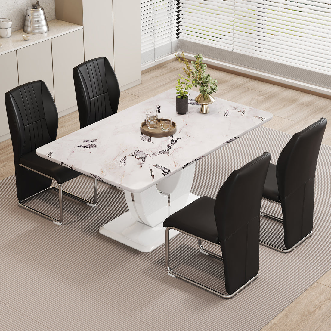 Table And Chair Set, Modern Luxurious White Imitation Marble Pattern Mdf Dining Table,Rectangular Dining Table, Matched With Uniquely Shaped Pu High Backrest Seats,Suitable For Various Occasions. White Black Seats 4 Mdf
