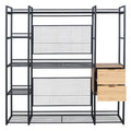 Open Style Wardrobe With Hanging Rails, Shelves And Drawers, Black Black Metal & Wood