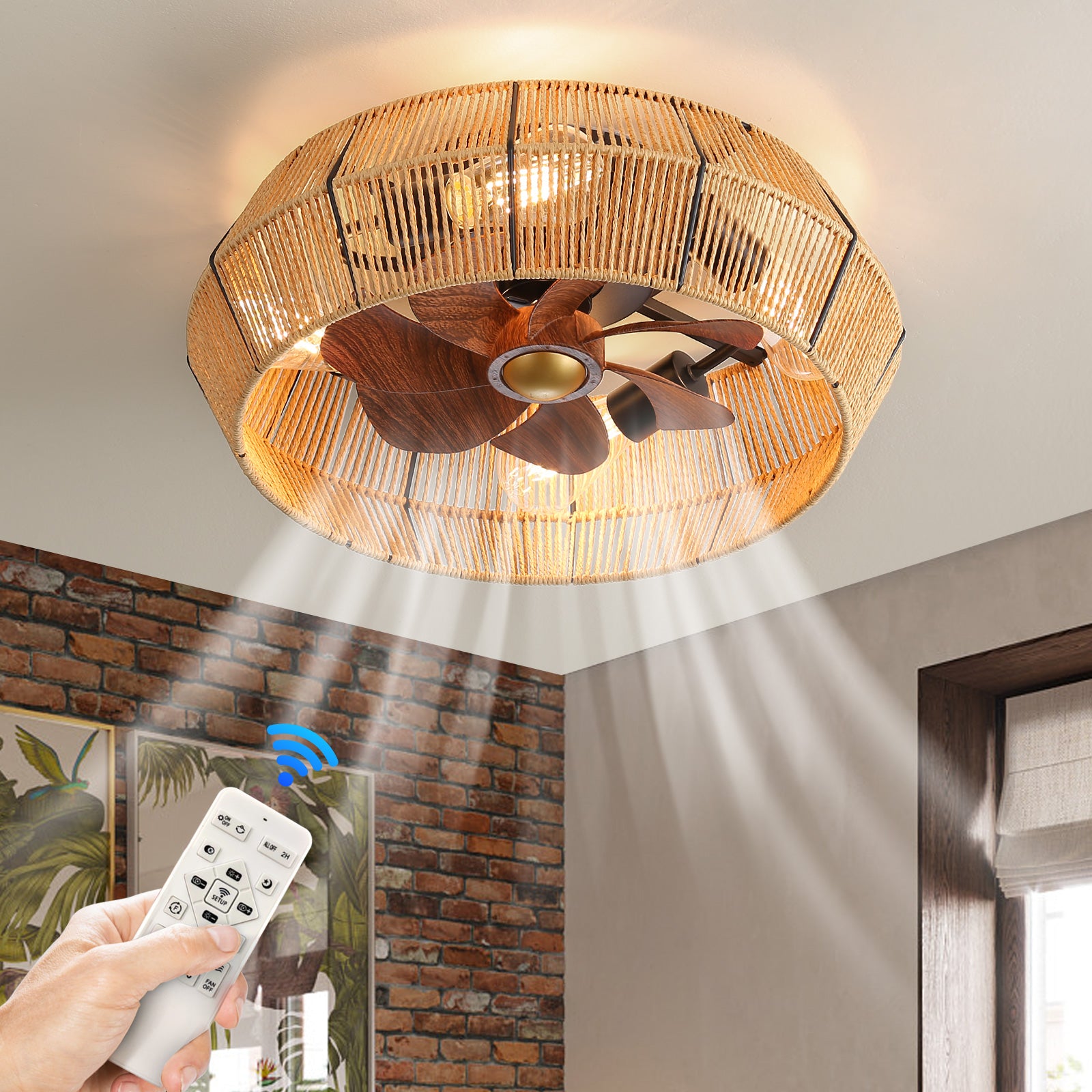 Caged Ceiling Fans With Lights Remote Control For Bedroom, Kitchen, Dining Room Black American Design Paper Rope