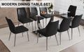 Table And Chair Set.Contemporary, Minimalist Rectangular Dining Table Featuring A Clear Tempered Glass Top And Sleek Silver Legs. Paried With Chairs Made Of Pu Material Cushion And Silver Metal Legs. Black Seats 8 Glass Metal