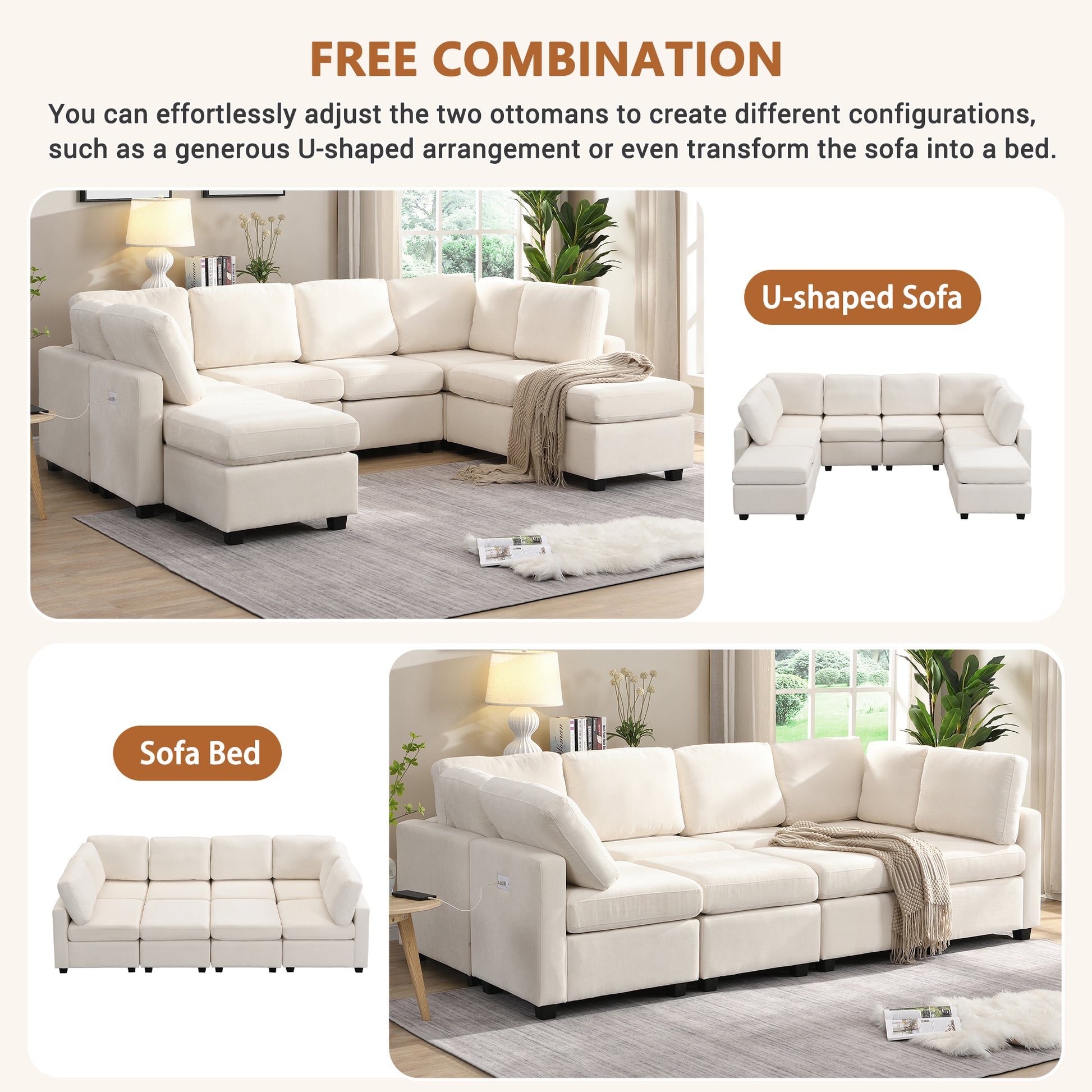 103" Sectional Sofa Couch Sofa Bed U Shaped Sofa With Two Movable Ottoman And Three Usb Ports For Living Room, Beige Beige Foam Chenille 6 Seat