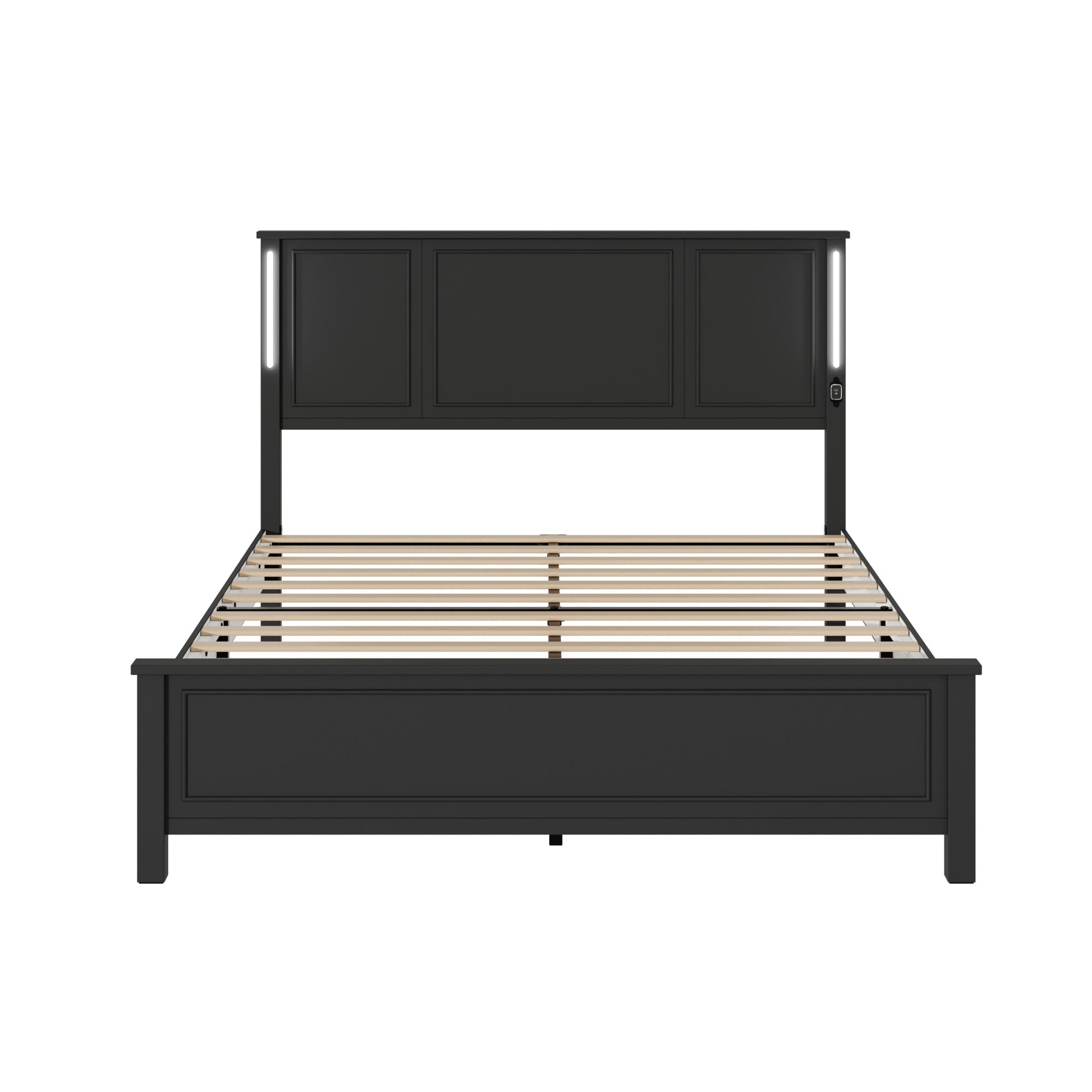 Queen Size Bed Frame, Platform Bed Frame With Wood Headboard And Footboard,Charging Station And Led Lights, 12 Wood Slats Support, No Box Spring Neededblack Box Spring Not Required Queen Antique