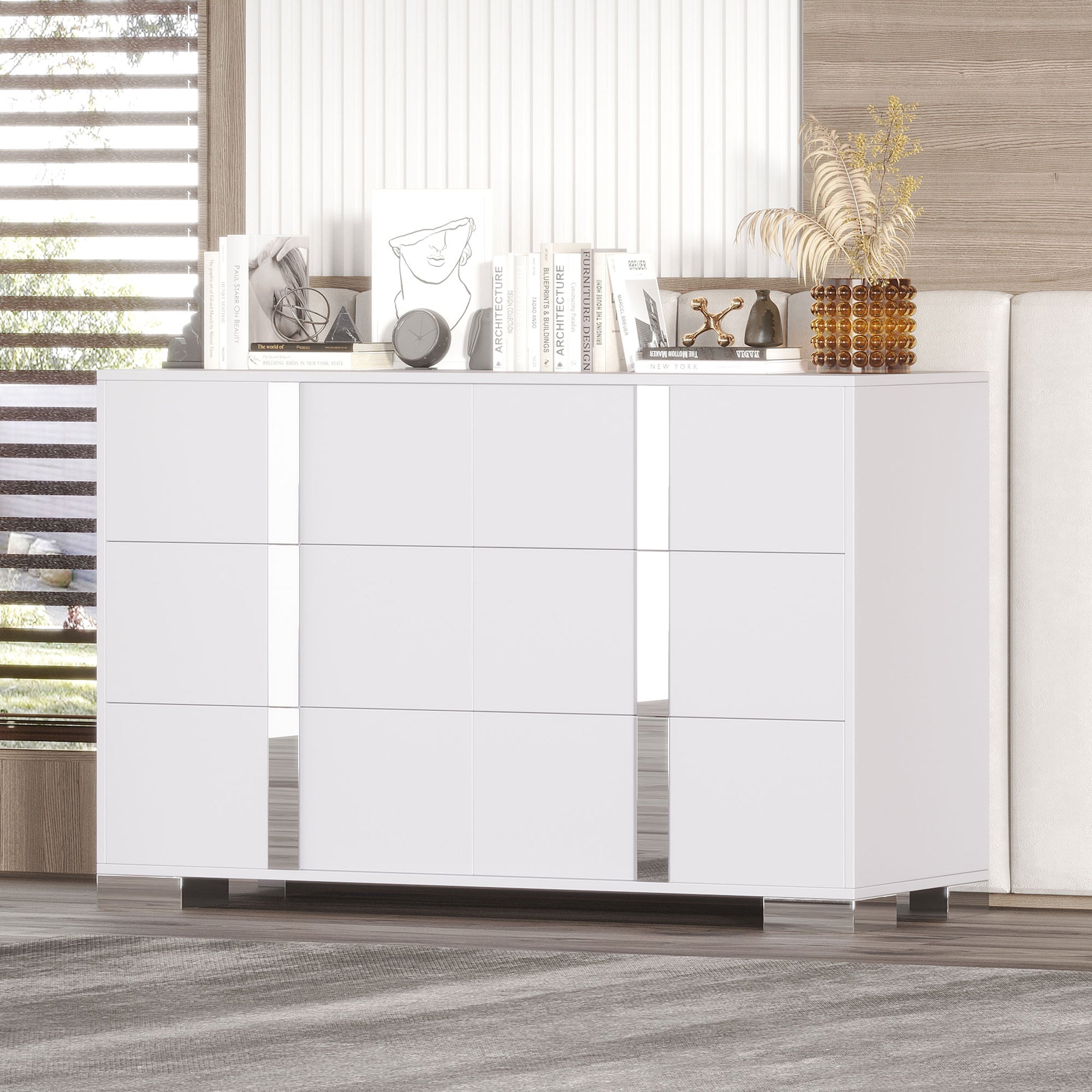 Elegant Modern Dresser With Metal Handle,Mirrored Storage Cabinet With 6 Drawers For Bedroom,Living Room,White White Mdf Metal