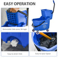 Homcom Mop Bucket Cart With Side Press Wringer, Metal Handle And 34 Quart Capacity, Blue Blue Plastic