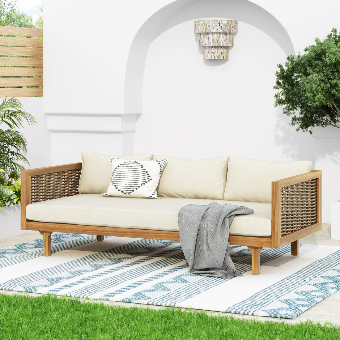 Claremont 3 Seater Daybed With Rattan Arms Beige Cushion Teak Beige Wood Fabric Rattan