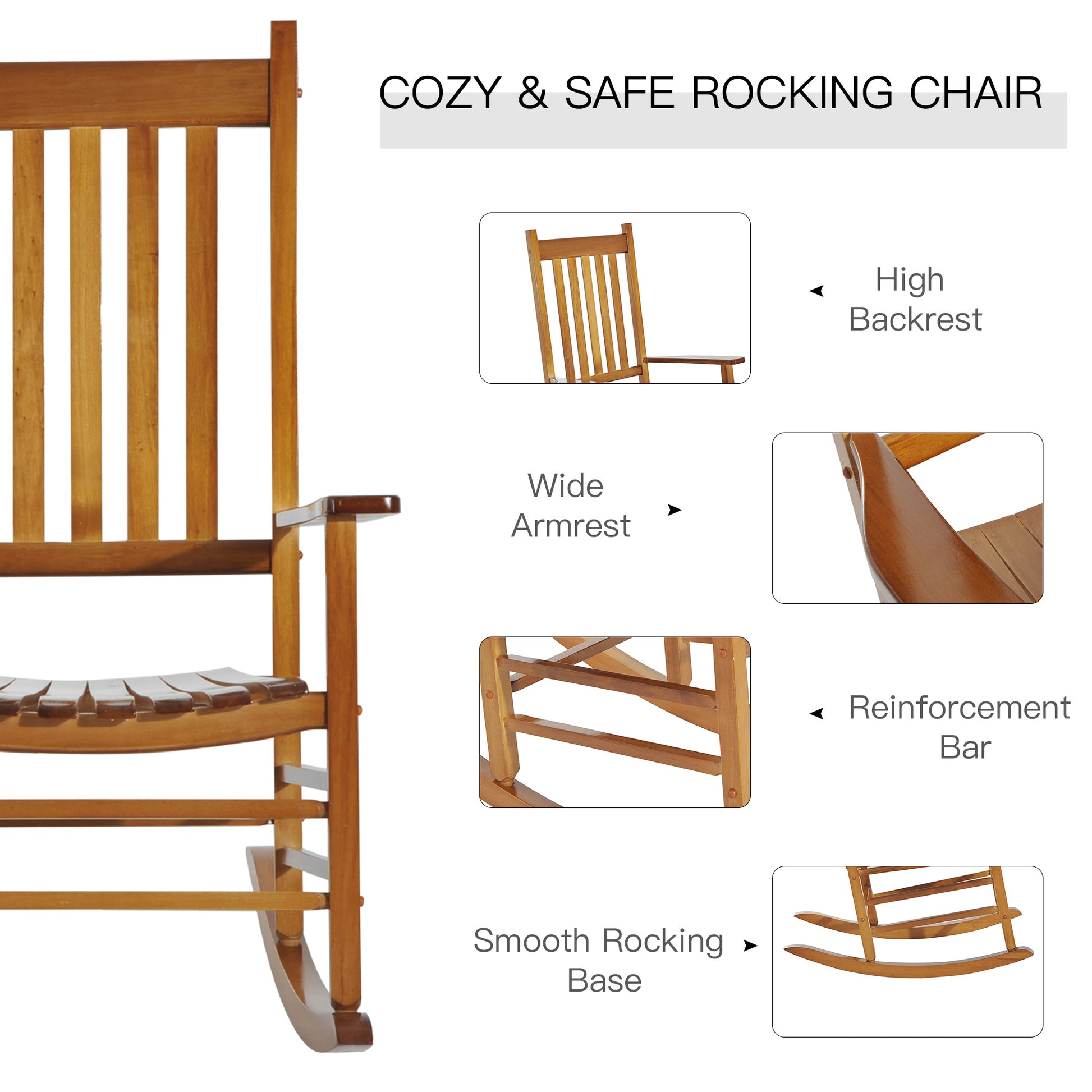 Outsunny Outdoor Rocking Chair, Patio Wooden Rocking Chair With Smooth Armrests, High Back For Garden, Balcony, Porch, Supports Up To 352 Lbs., Natural Natural Wood