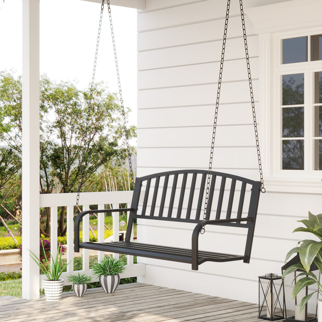 Outsunny 2 Person Front Porch Swing Patio Swing Bench, Outdoor Steel Swing Chair With Sturdy Chains, For Backyard, Deck, 528 Lb Weight Capacity, Black Black Steel