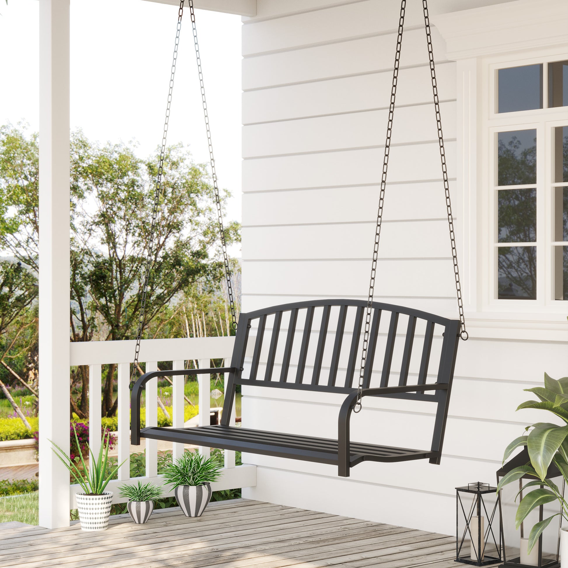 Outsunny 2 Person Front Porch Swing Patio Swing Bench, Outdoor Steel Swing Chair With Sturdy Chains, For Backyard, Deck, 528 Lb Weight Capacity, Black Black Steel