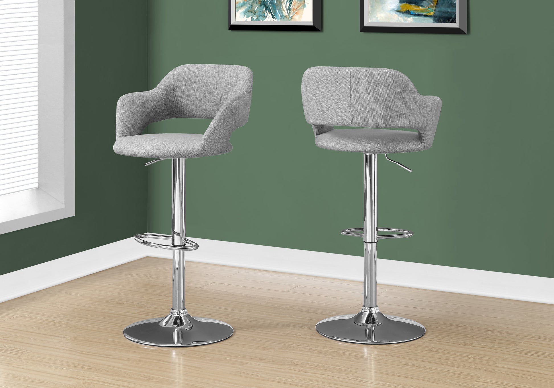 Bar Stool, Swivel, Bar Height, Adjustable, Chrome Metal, Grey Fabric, Contemporary, Modern Grey Foam Polyester