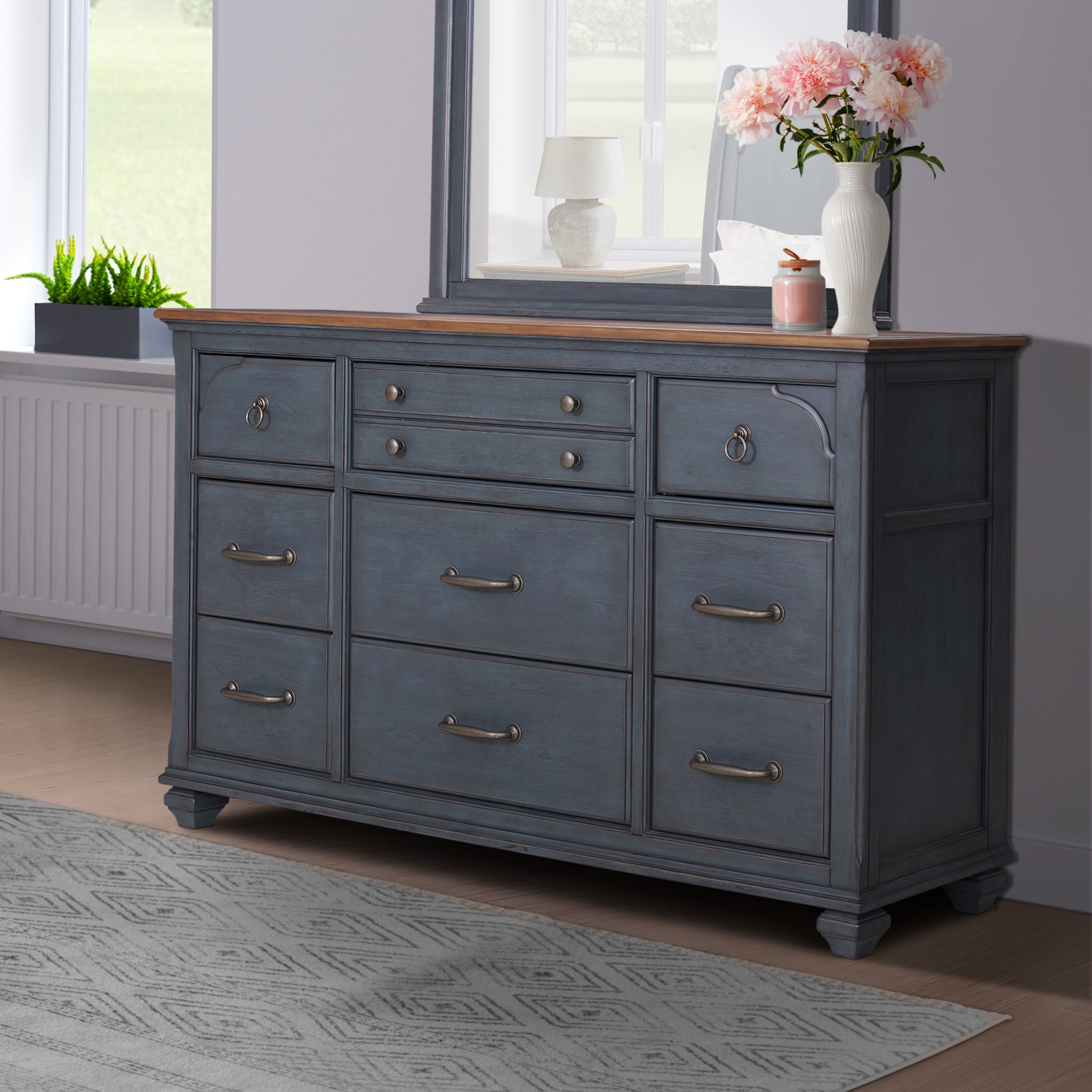 Americana Dresser, No Assembly Required, Corduroy Blue Finish Blue Rubberwood Rubber Wood