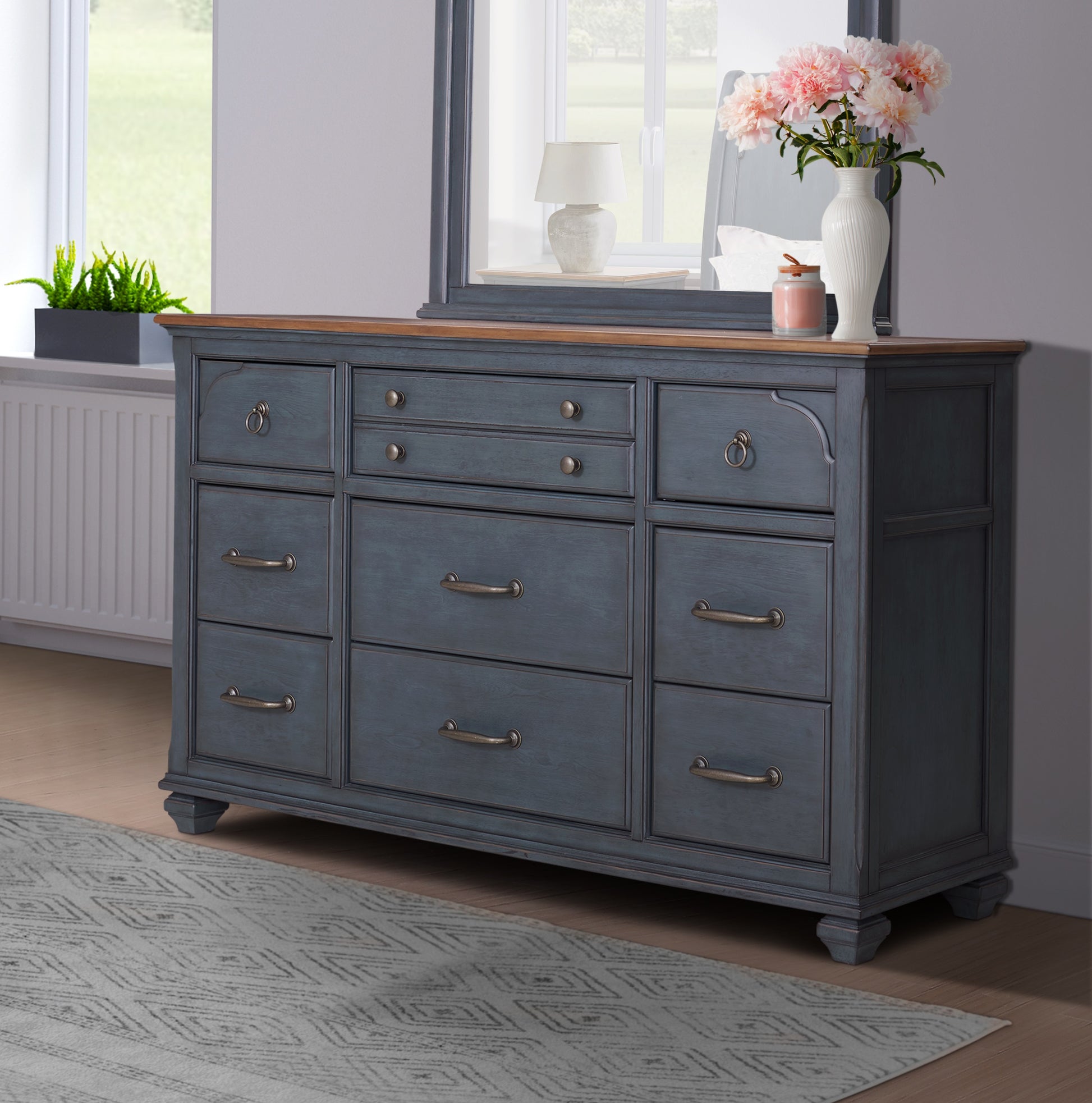 Americana Dresser, No Assembly Required, Corduroy Blue Finish Blue Rub Americana Dresser, No Assembly Required, Corduroy Blue Finish Blue Rub