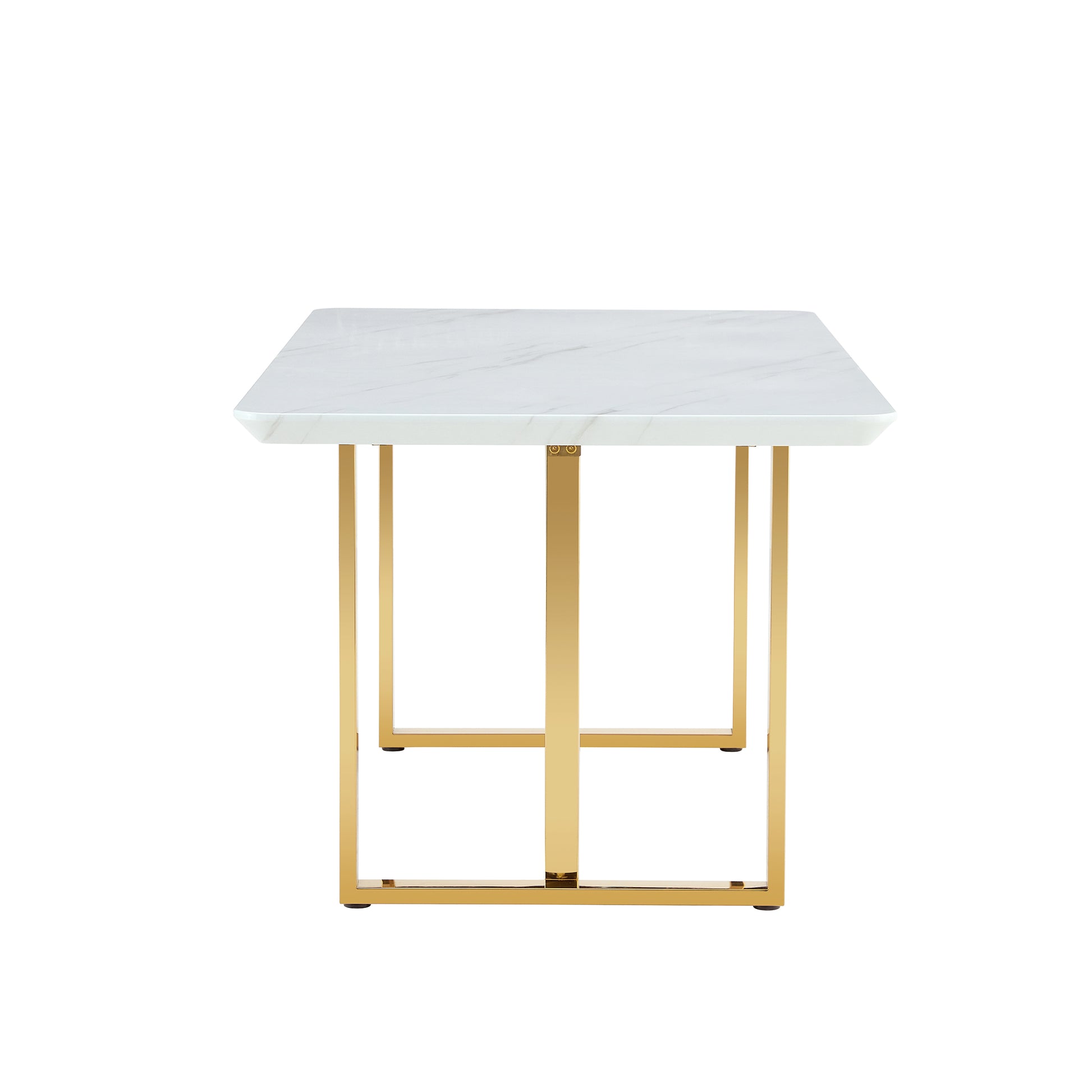 Table And Chair Set.67"X36" White Marble Pattern Mdf Dining Table Set With 8 Dark Gray Pu Chairs.Mdf Sticker,White Marble Pattern Sticker,Gold C Tube Chair Legs,Suitable For Kitchen,Dining Room,Etc.