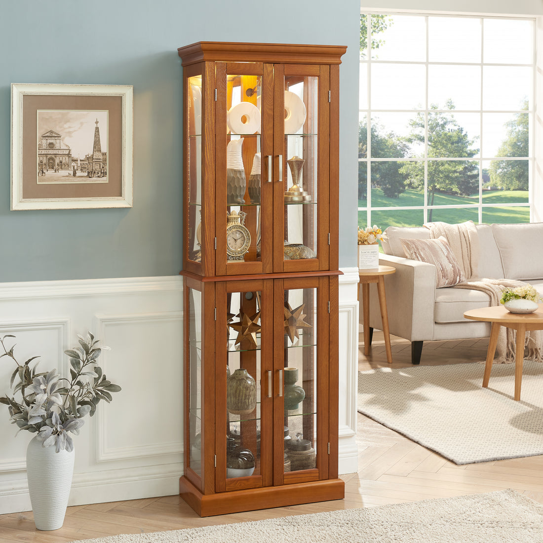 Curio Cabinet Lighted Curio Diapaly Cabinet With Adjustable Shelves And Mirrored Back Panel, Tempered Glass Doors Oak, 6 Tier , E26 Light Bulb Not Included Oak Mdf