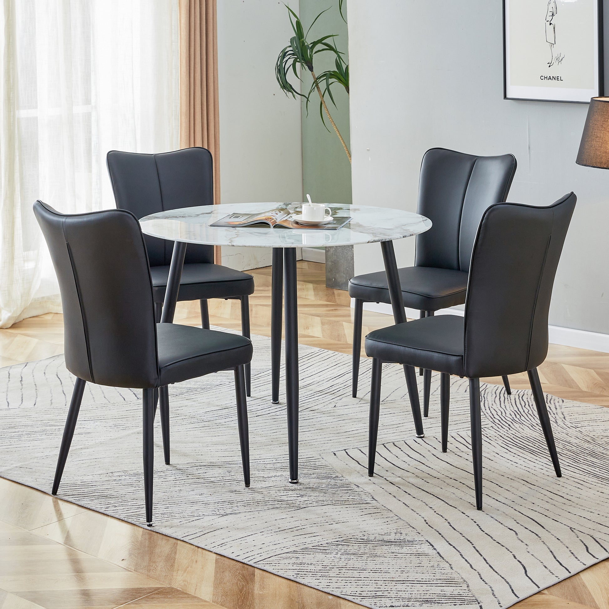 Table And Chair Set. Large Modern White Imitation Marble Patterned Round Table With Black Metal Legs. Nice Minimalism, Comfortable Seats And Black Metal Legs. White Black Seats 4 Glass Metal