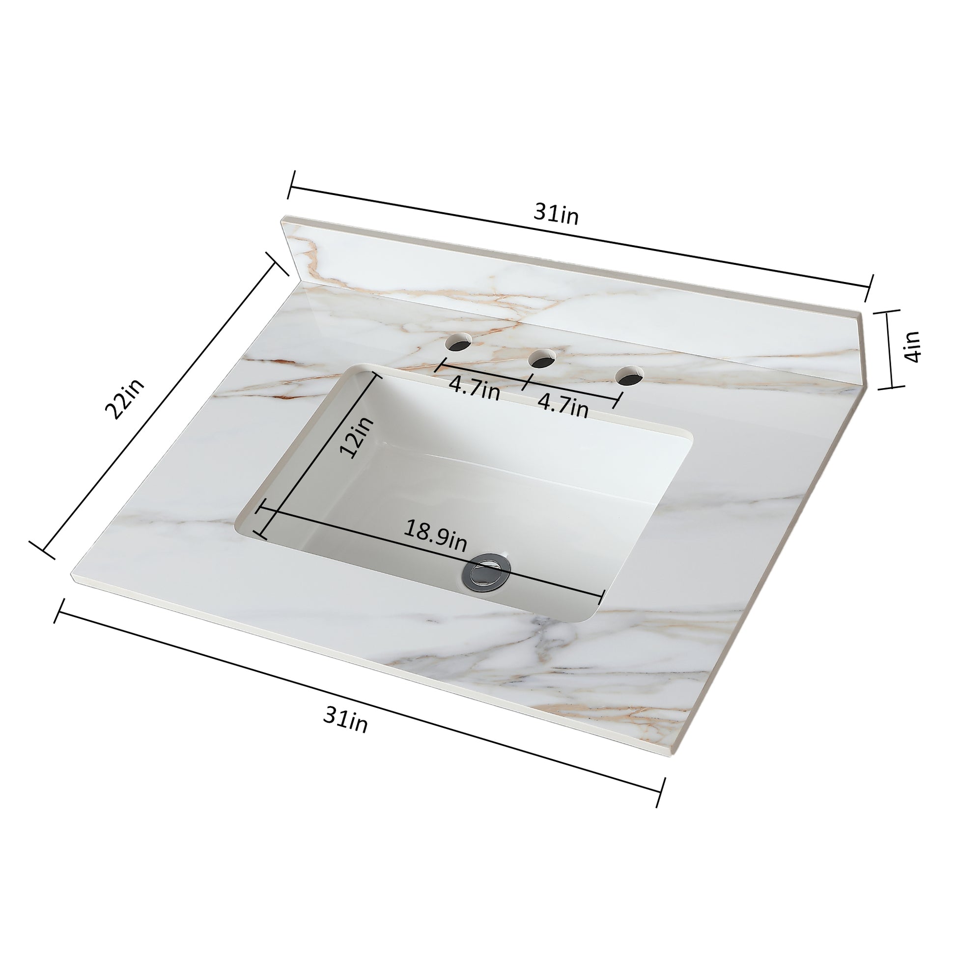 31 Inch Marble Vanity Top, Bathroom Vanity Top With Undermount Rectangular Middle Sink And 4" Height Backsplash, Pre Drilled 8 Inch Faucet Hole Spread Vanity Top, Carrara White With Veins White Marble American Design,American Traditional Sintered Stone