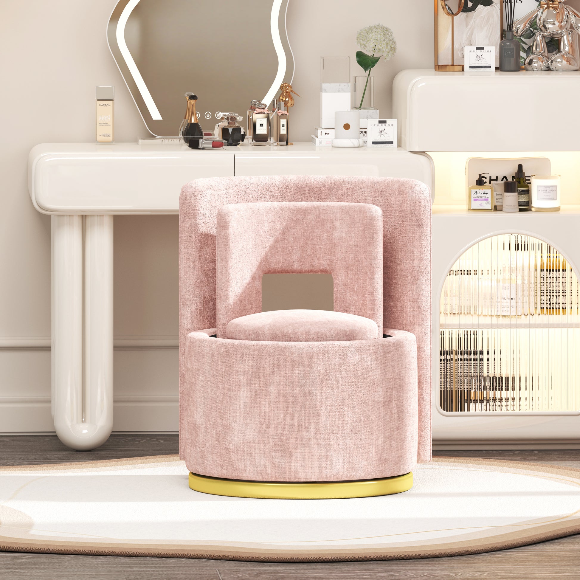 360 Round Swivel Chair With Storage Under Seat, Comfy Chair For Living Room Bedroom Reading Room Pink Pink Primary Living Space Modern Eucalyptus Foam Chenille