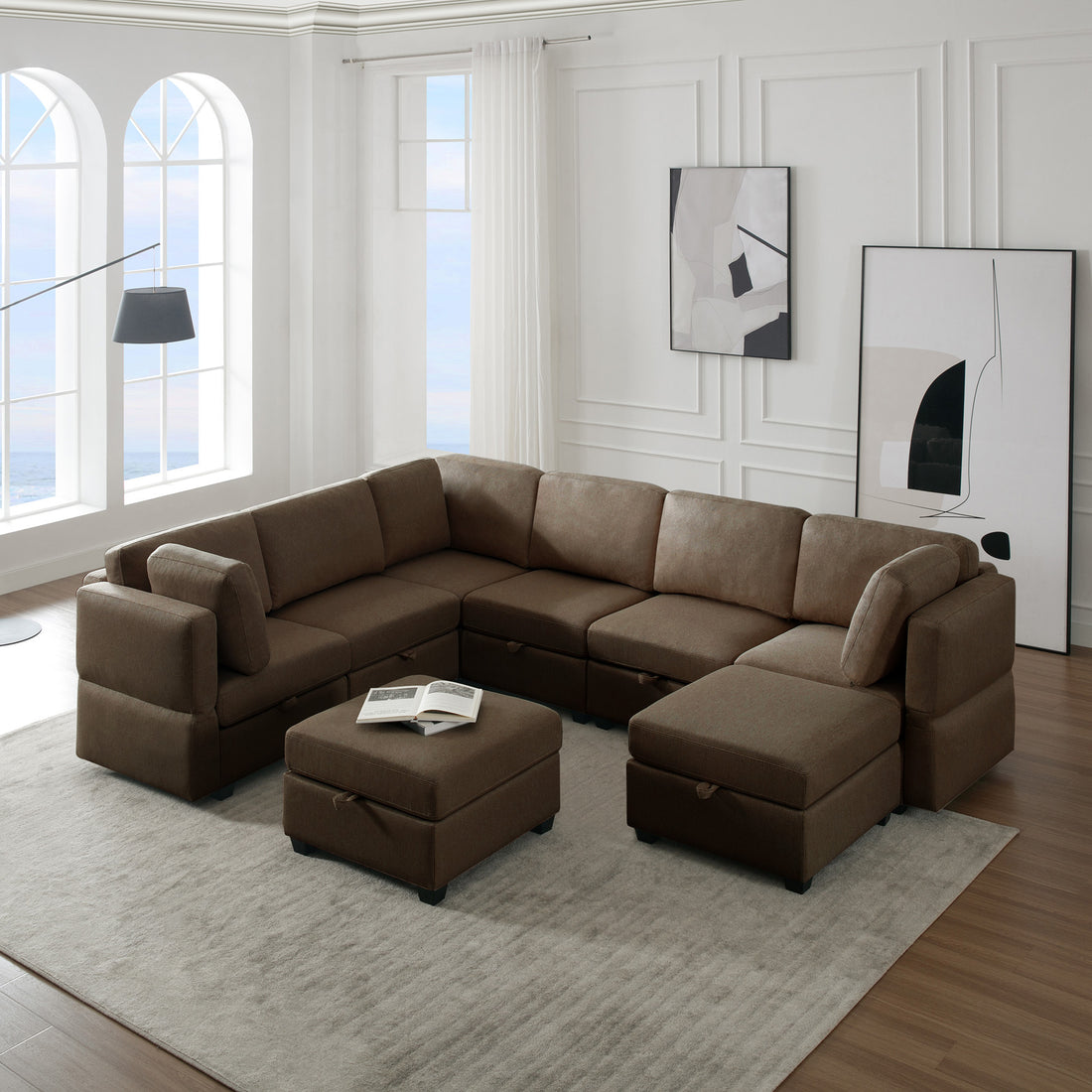 Modular Sectional Sofa With Storage Seat Oversized U Shaped Couch With Reversible Chaise Sofa Set With Ottoman,Ultimate Comfort 6 8 Seater Couches With Adjustable Arms And Backs For Living Room Brown Brown Polyester 6 Seat