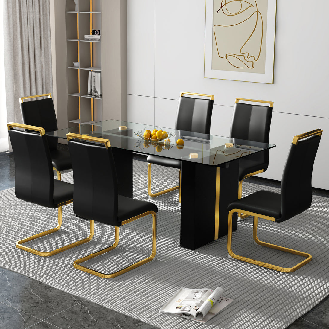 Table And Chair Set, Large Modern Minimalist Rectangular Glass Table, Can Accommodate 6 8 People, Equipped With Tempered Glass Tabletop And Large Mdf Table Legs, Comfortable And Minimalist Chairs. Transparent Glass