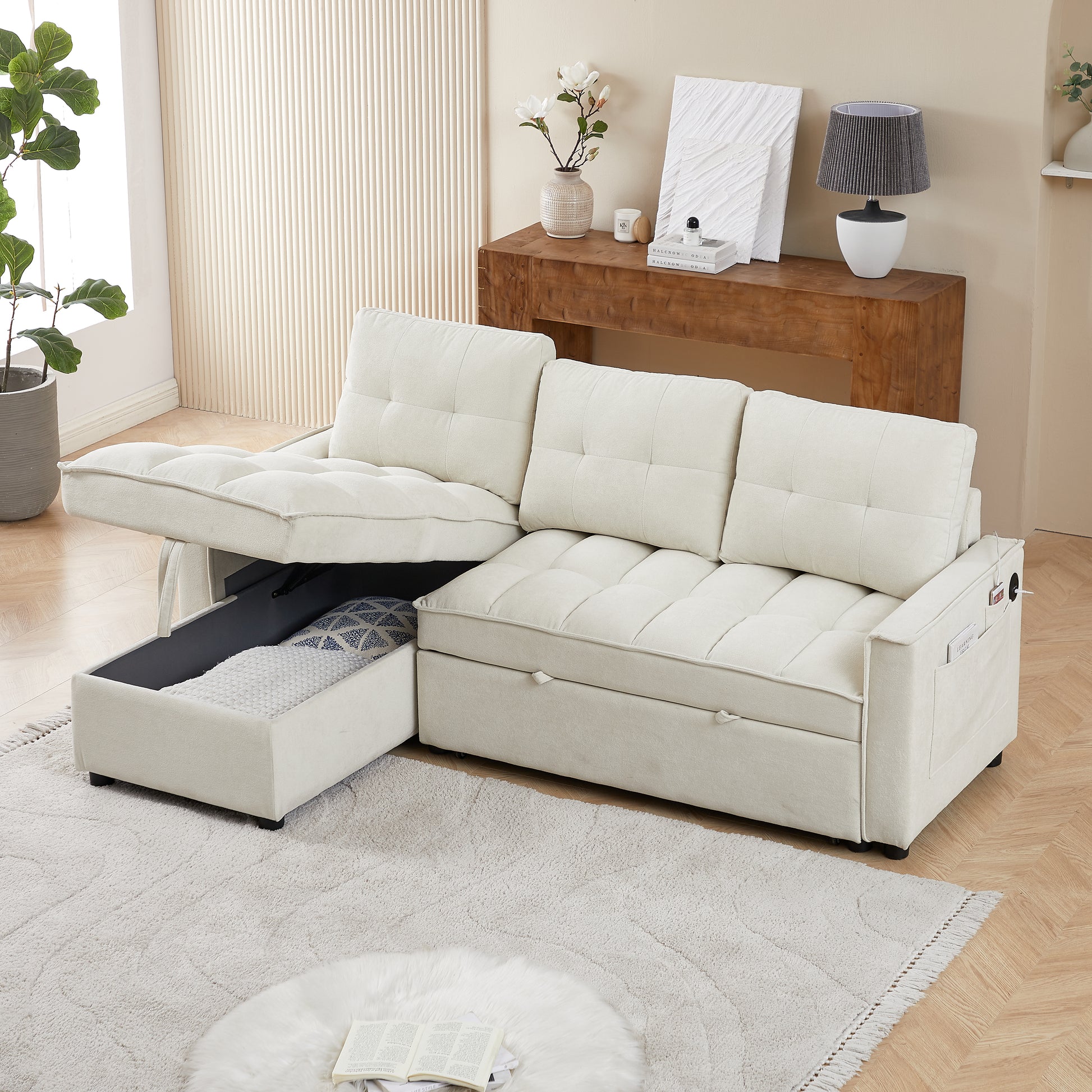 Mh 78.75" Reclining Sofa, Pull Out Sofa Bed With Usb And Tape C Charging Ports, L Shaped Sectional Sofa With Reclining Storage And Arm Side Organizer Pocket Features, Living Room Comfort Sofa Beige