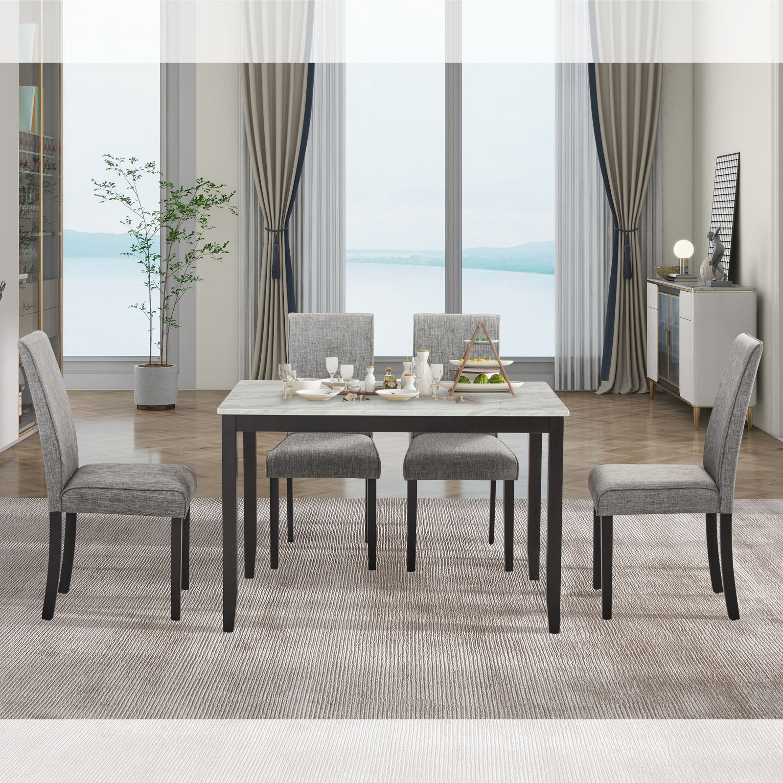 Faux Marble Dining Rectangular Table, 4 Person Wood Dining Table, White Dark Espresso Gray Upholstered Chair Faux Marble White Dark Espresso Gray Seats 4 Wood Dining Room Rectangular 4 Leg Rectangular Dining Table With Chair Mdf,Paper,Rubber Wood