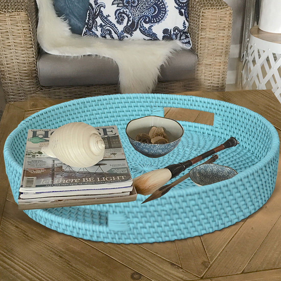 Handcrafted Rattan Lombok Coast Tray In Round Shape, Blue Blue Rattan