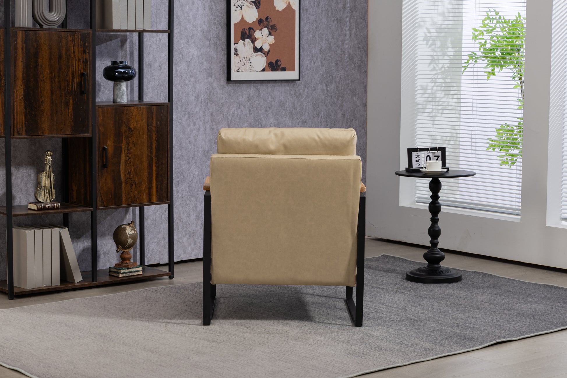 Leather Accent Chair Guest Chair For Living Room, Mid Century Armchair For Bedroom Khaki Pu