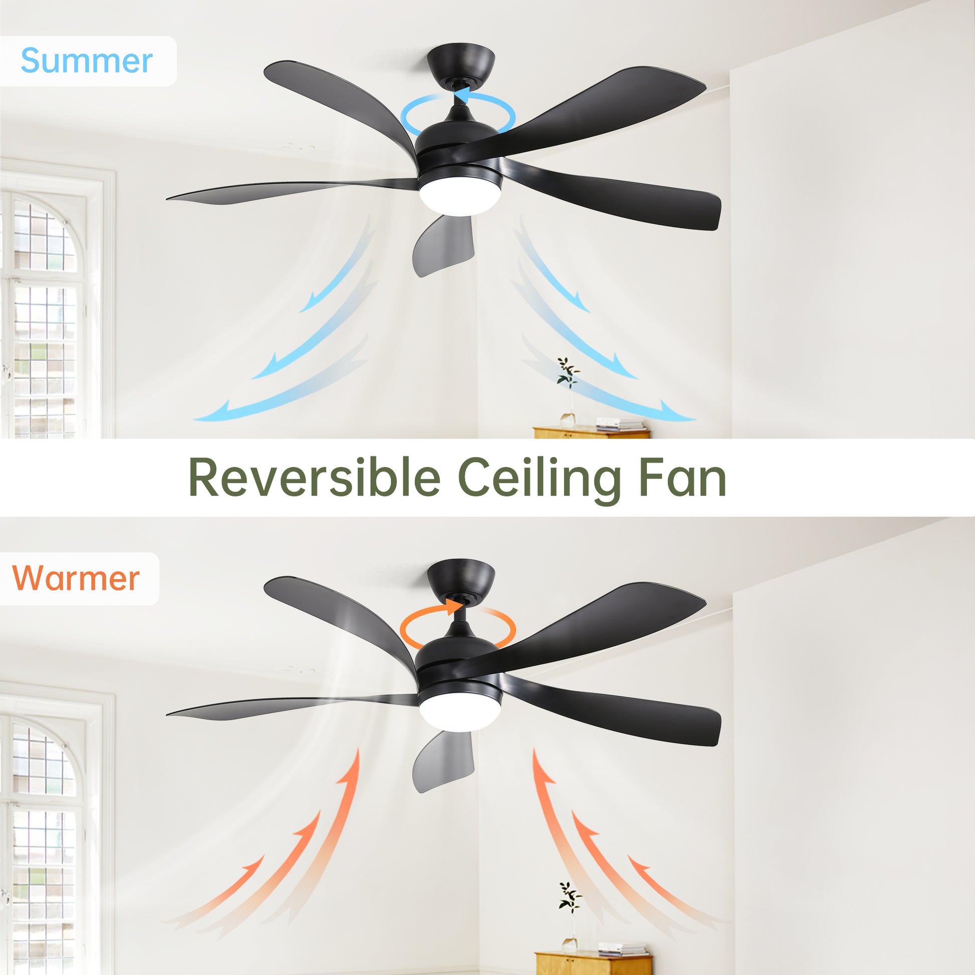 52 Inch Modern Ceiling Fan With 3 Color Dimmable 5 Abs Blades Remote Control Reversible Dc Motor With Led Light Black Abs