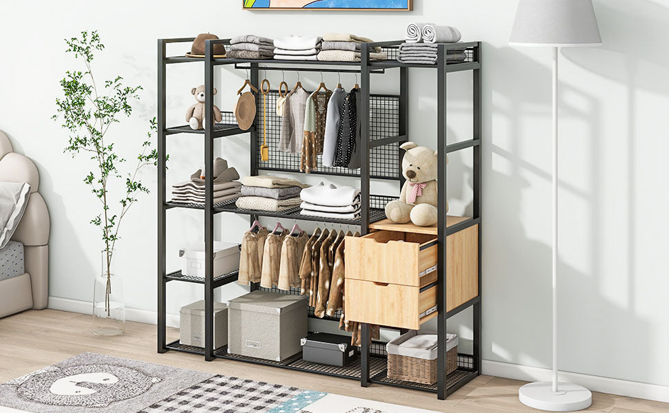 Open Style Wardrobe With Hanging Rails, Shelves And Drawers, Black Black Metal & Wood