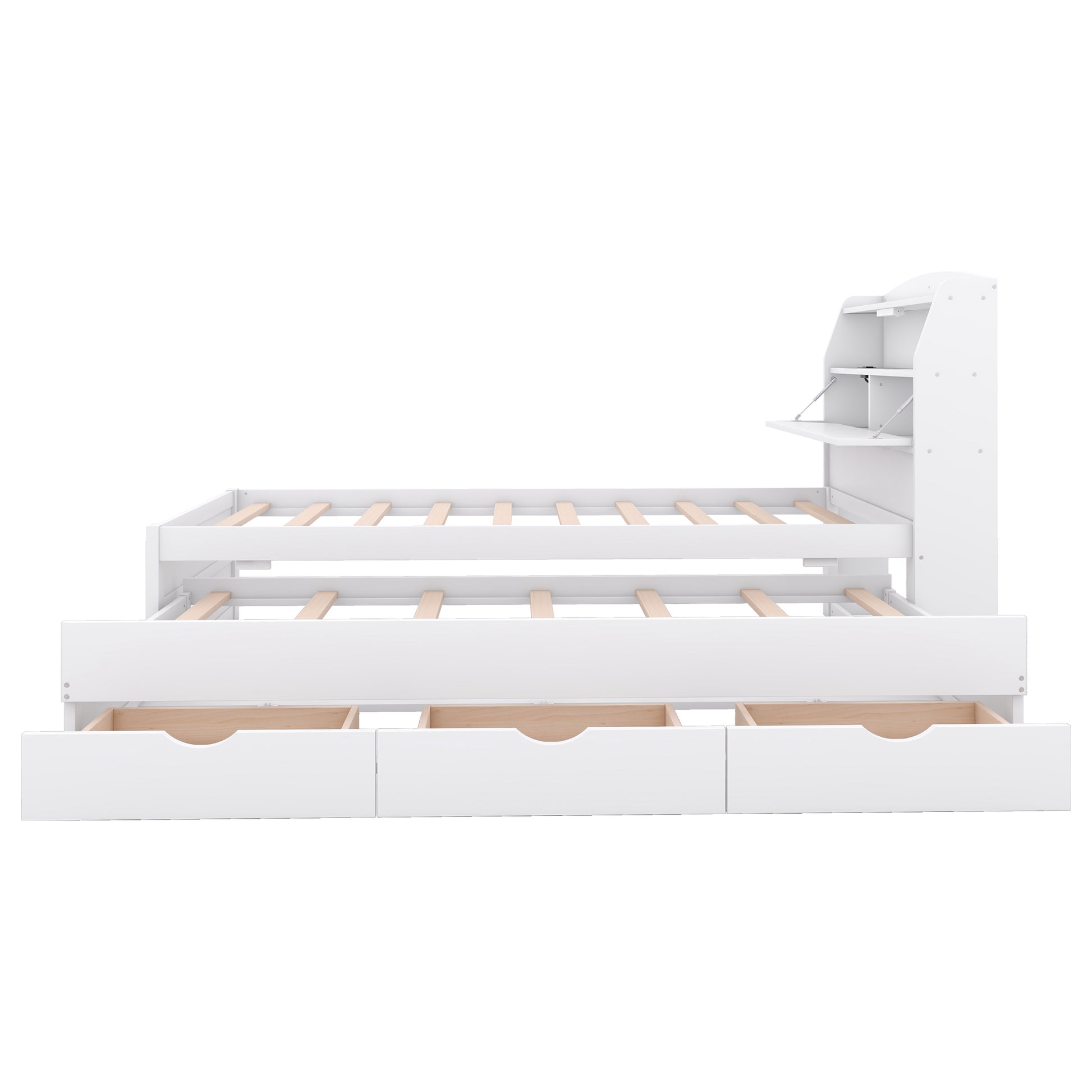 Twin Size Wooden Led Platform Bed With Trundle, With Storage Headboard, With Drawers, White Twin White Plywood