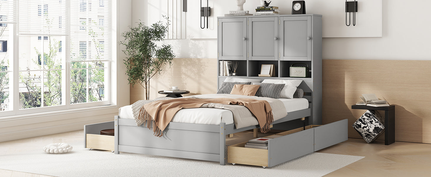Full Size Platform Bed With Storage Headboard And 4 Drawers, Gray Box Spring Not Required Full Gray Wood Bedroom Bed Frame Solid Wood Mdf