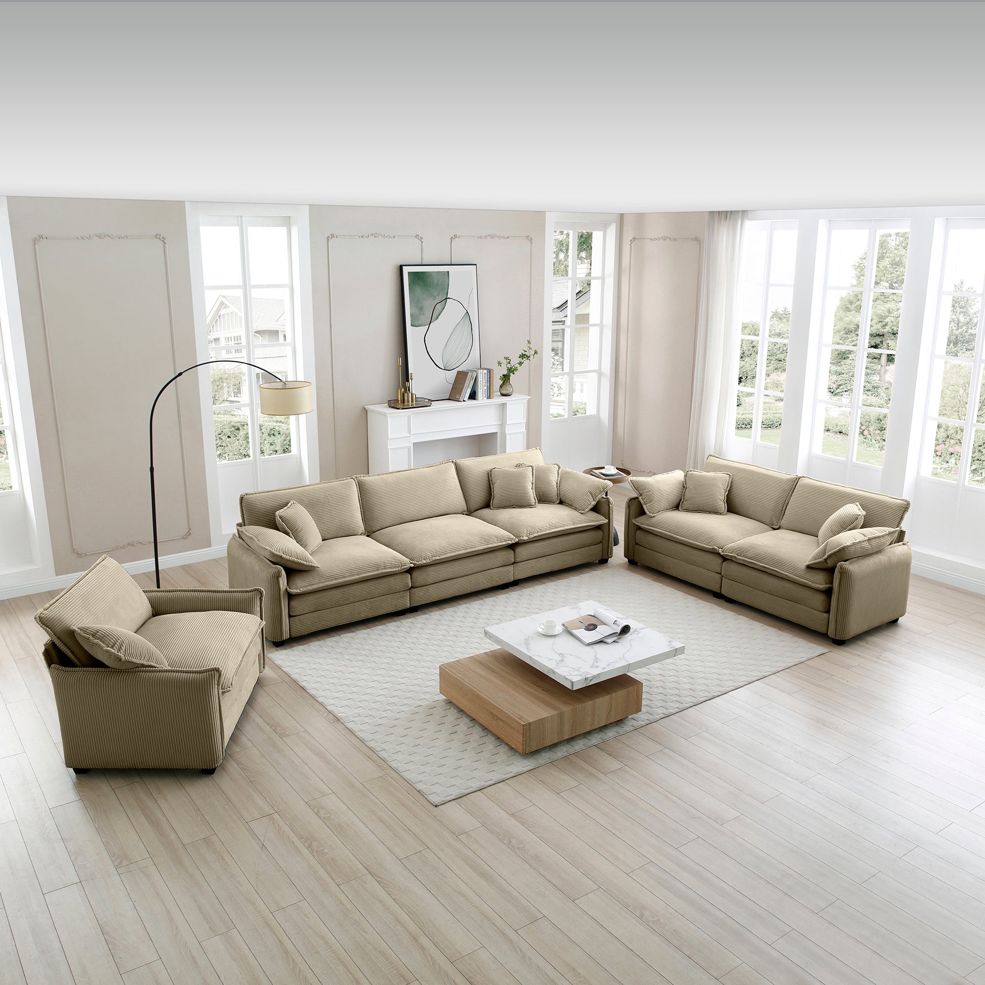 3 Piece Comfortable Oversized Sectional Sofa, One Single Sofa And One 2 Seater Sofa And One 3 Seater Sofa ,Tan Corduroy Deep Seat Sofa Tan Corduroy 6 Seat