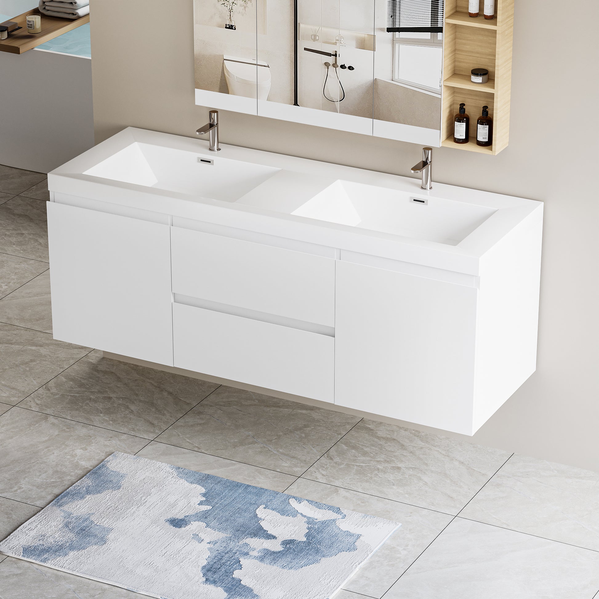 60" Floating Bathroom Vanity with Sink, Modern Wall 2-white-2-wall mounted-mdf