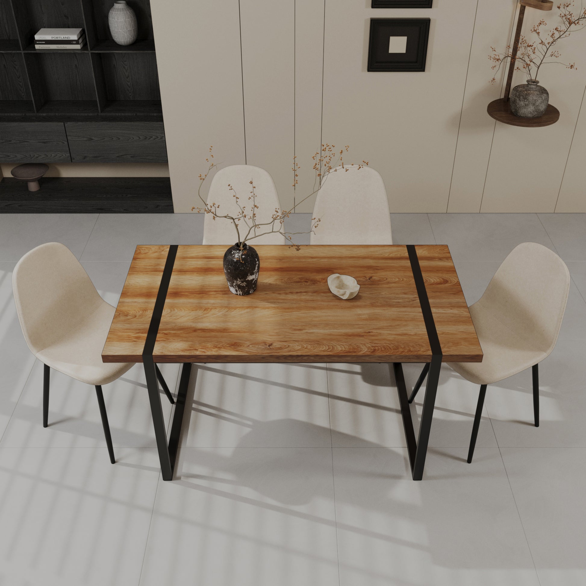 Mdf Natural Wood Dining Table And Modern Dining Chair Set Of Pieces,