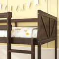 Twin Over Twin Floor Bunk Bed With Panelled Headboard And Footboard, Solid Rubber Wood Foundation With Safety Guardrails, Built In Ladder,Antique Oak Twin Antique Dark Oak Rubber Wood