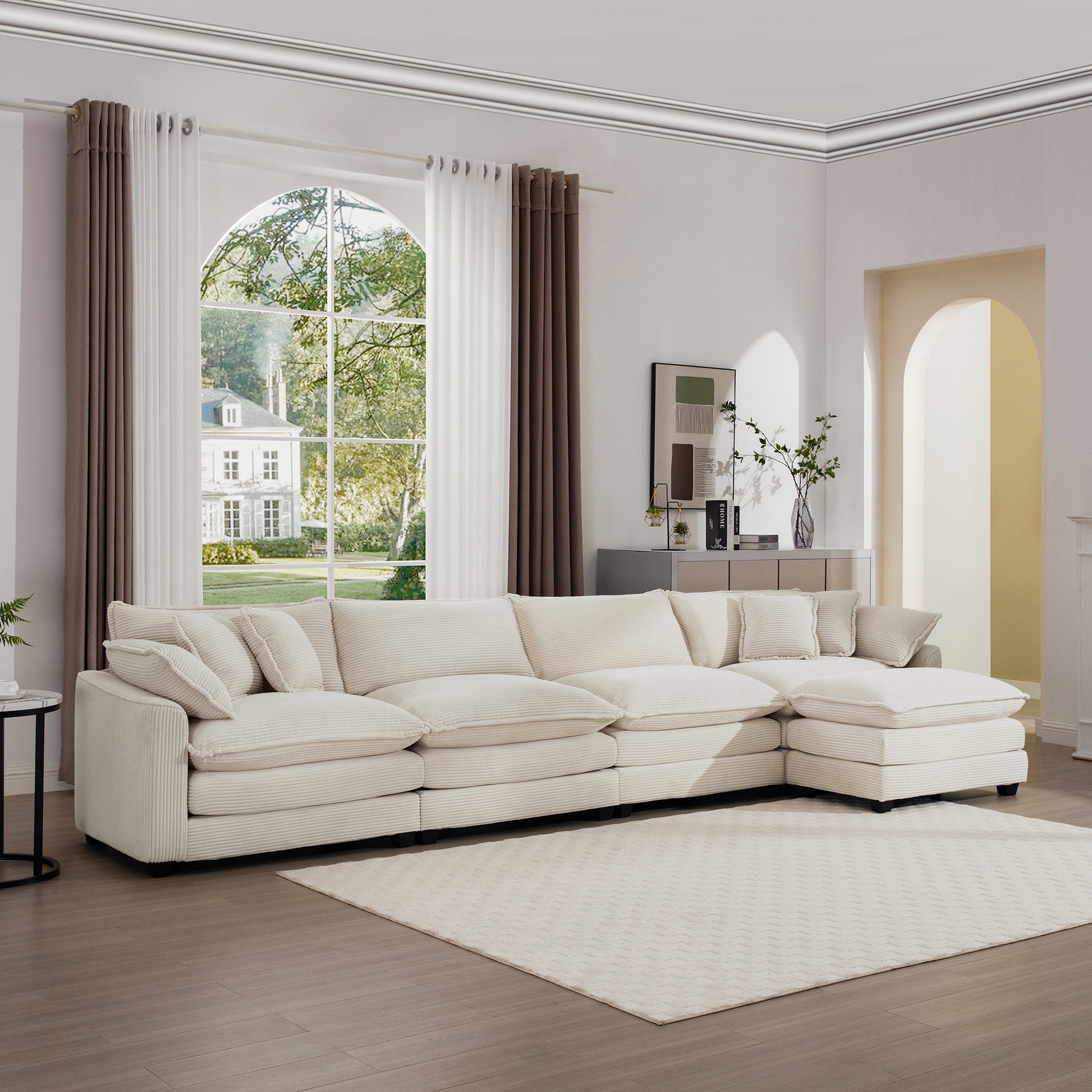 Modern Upholstered L Shape Modular Sectional Sofa, 4 Seater Sofa With With 1 Ottoman, Comfortable Corduroy Fabric Couch Sofa, Light Beige Corduroy Fabirc Beige Corduroy 4 Seat