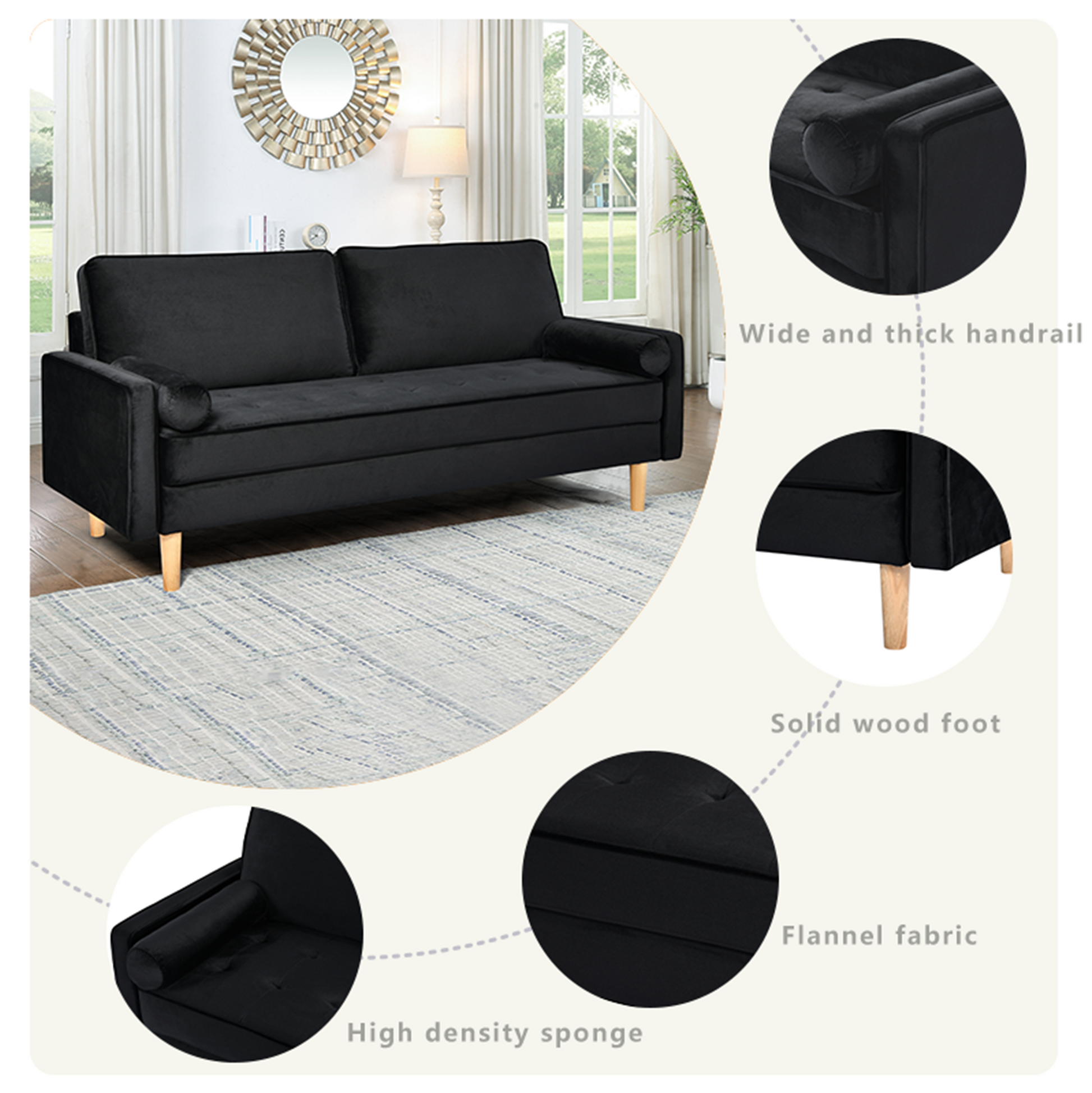Sofa Simple Small House Double Three Person Straight Row American Retro Green Velvet Furniture Fabric Sofa Small Living Room Bedroom Office Black Solid Wood 3 Seat