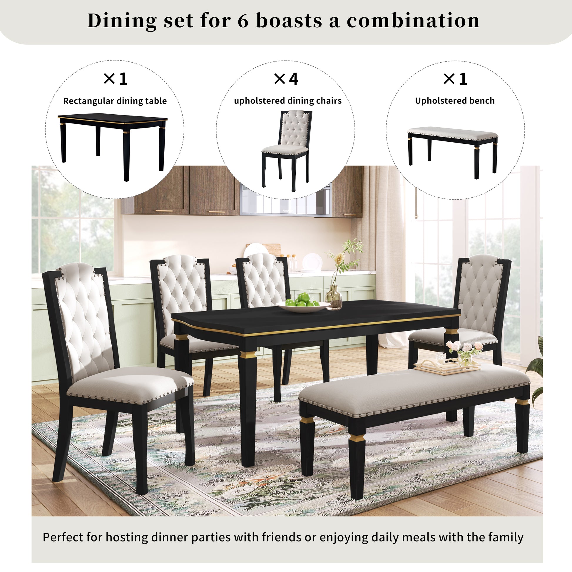 6 Piece Kitchen Dining Table Set, 60" Rectangular Table And 4 High Back Tufted Chairs & 1 Bench For Dining Room And Kitchen Black Upholstered Chair Black Seats 6 Solid Wood Classic,Modern 4 Leg