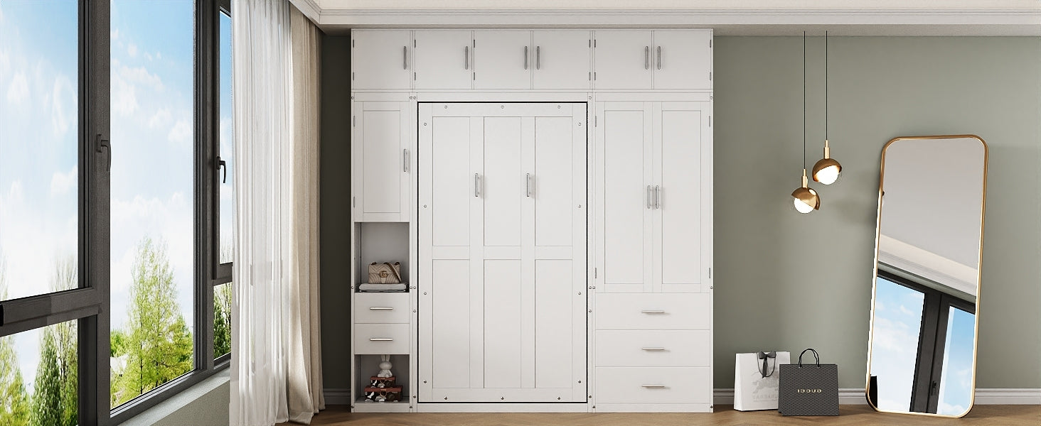 Twin Size Murphy Bed With Lockers And Wardrobes, With Installation Video, White Box Spring Not Required Twin White Murphy Solid Wood Mdf