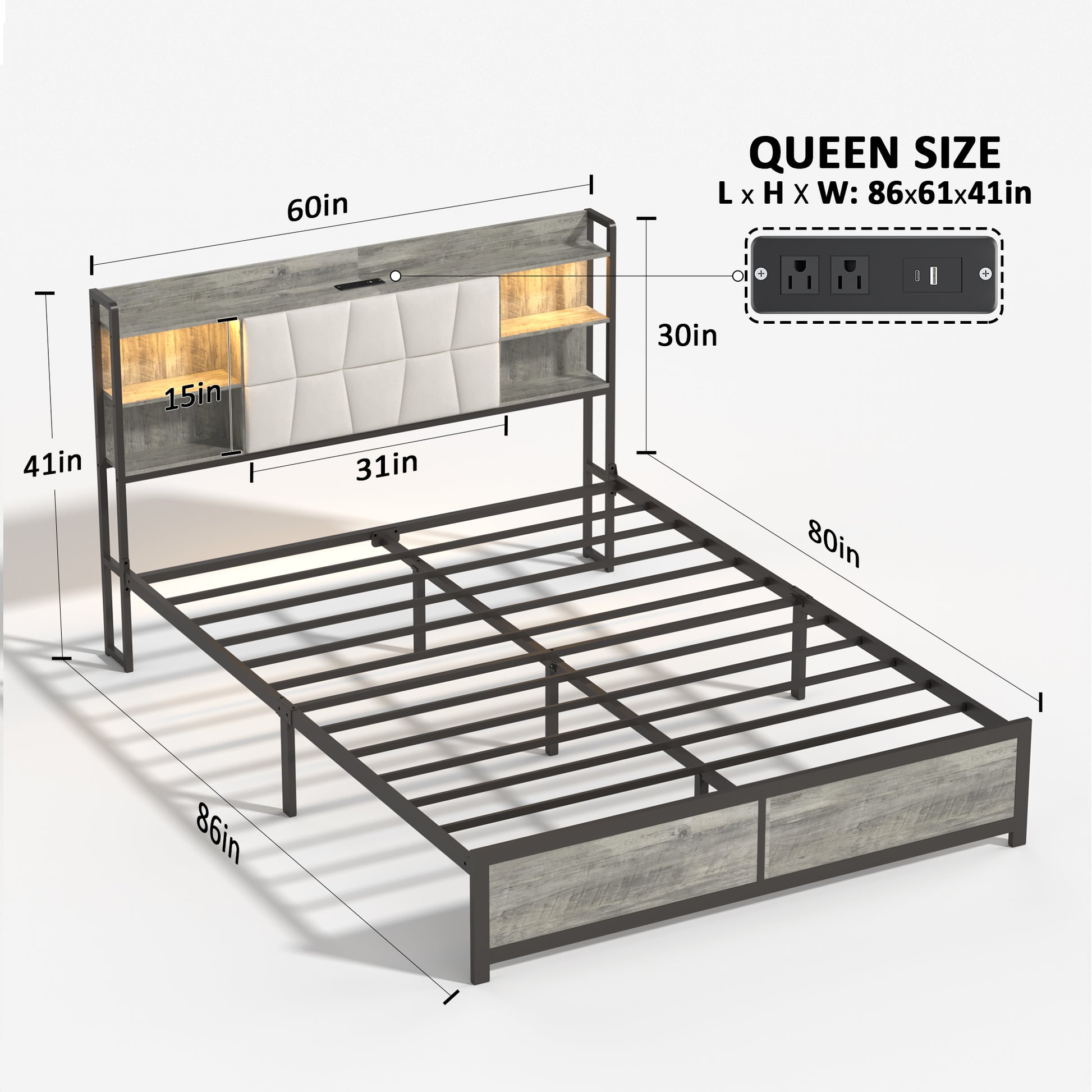 Queen Size Bed Frame With Led Light & Power Outlet, Platform Bed With Upholstered Headboard And Storage, Sturdy Metal Slats Support, No Box Spring Needed, Easy Assembly, Noise Free Box Spring Not Required Queen Ancient Oak Metal Bedroom Modern Bed Frame