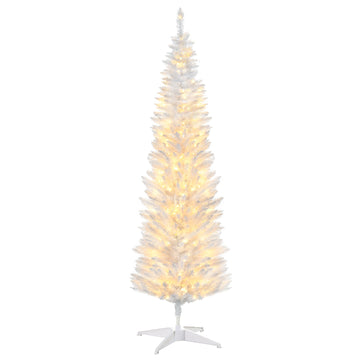 Homcom 5' Tall Pre Lit Slim Noble Fir Artificial Christmas Tree With 110 Warm White Led Lights And 294 Tips, For Christmas Decoration, White White Plastic