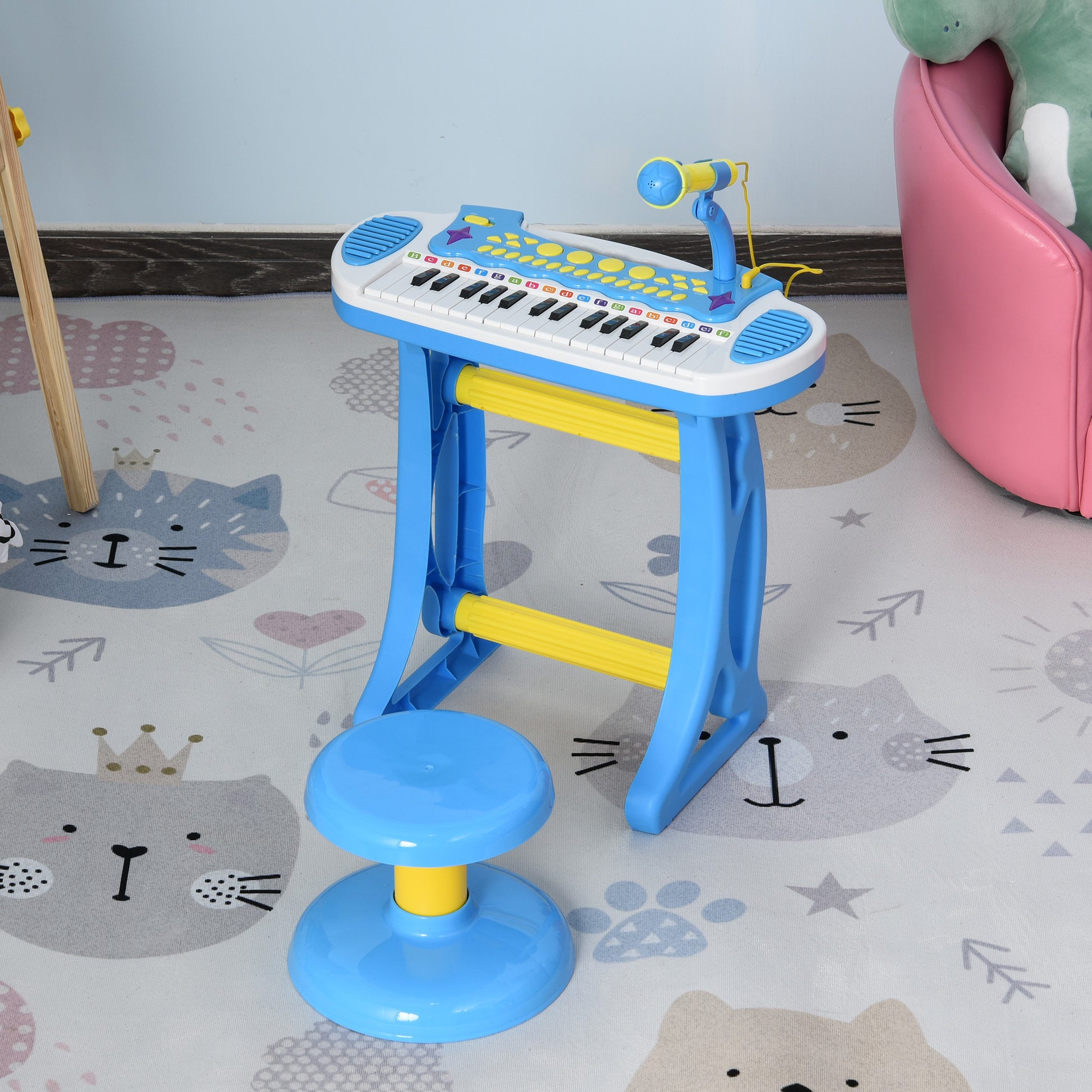 Qaba 31 Key Kids Toy Keyboard Piano, Electronic Musical Instrument With Multiple Sounds, Stool, Microphone And Bright Flashing Lights, Blue Blue Abs