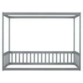 Twin Size Canopy Frame Floor Bed With Fence, Guardrails,Grey Twin Grey American Design Pine