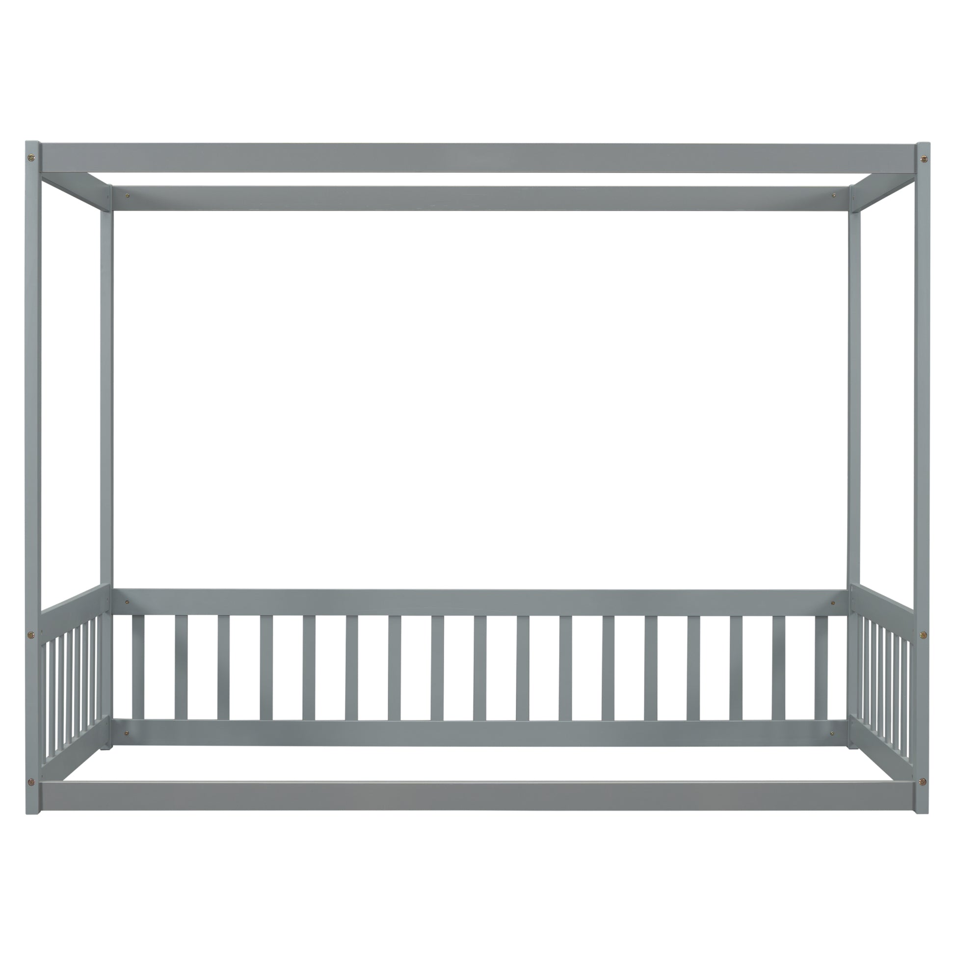 Twin Size Canopy Frame Floor Bed With Fence, Guardrails,Grey Twin Grey American Design Pine