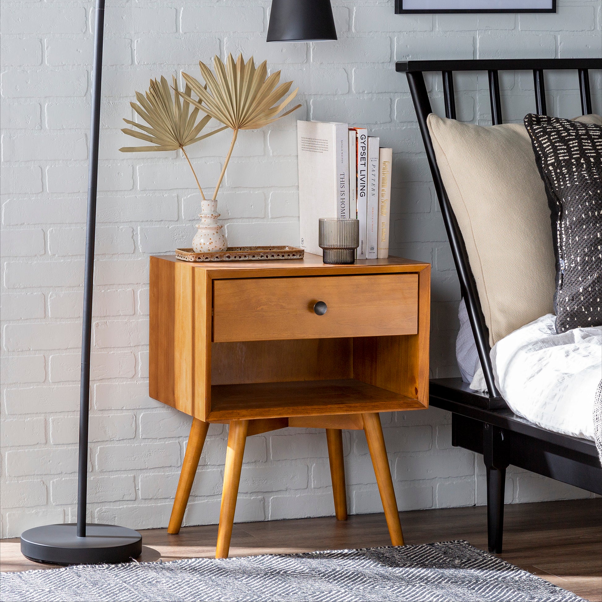 Mid Century Modern Single Drawer Solid Wood Nightstand Caramel Caramel Pine