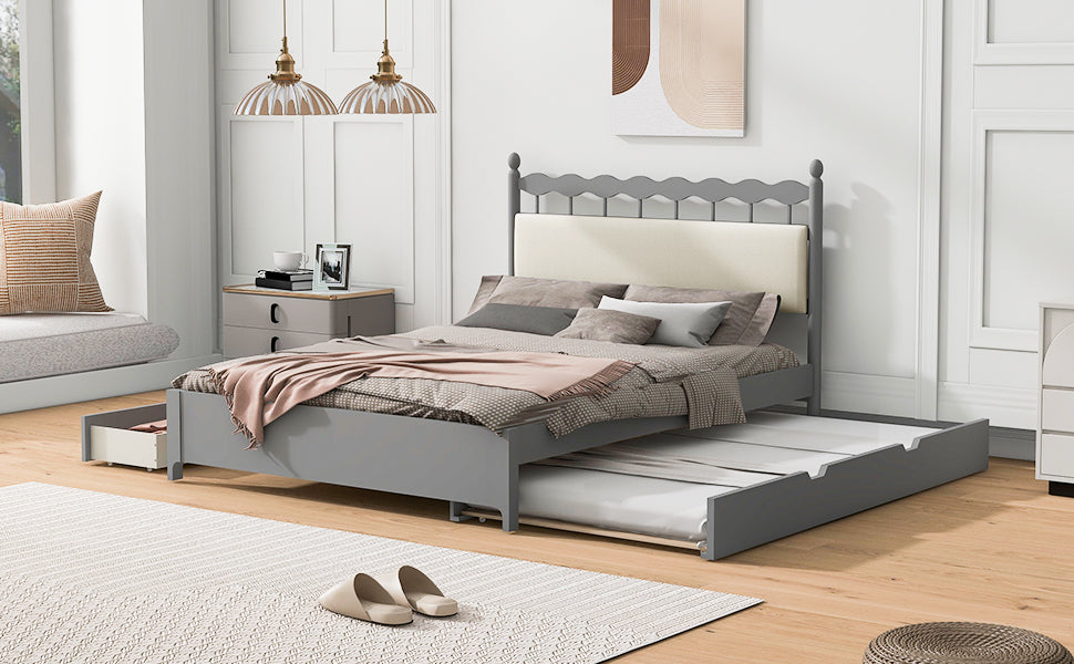 Queen Size Wooden Storage Platform Bed, With 2 Big Drawers, T Size Trundle, Gray Queen Gray Plywood